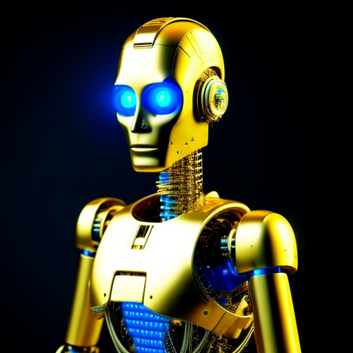 AI robot to analyze gold miners, gold body, blue eyes, 3d realistic, 