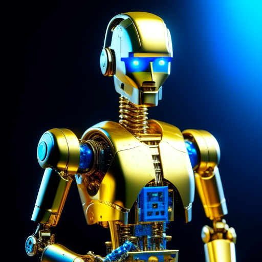 AI robot to analyze gold miners, gold body, blue eyes, 3d realistic, 