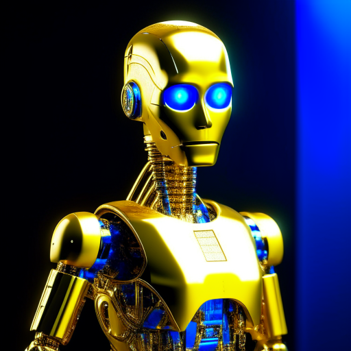 AI robot to analyze gold miners, gold body, blue eyes, 3d realistic, 