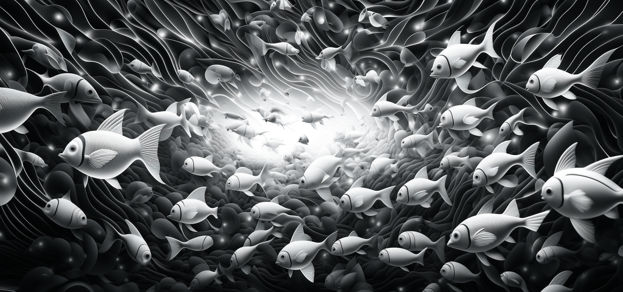 post background, dark theme, fractals, abstract, space, very light white and gray colors, fishes on the background
