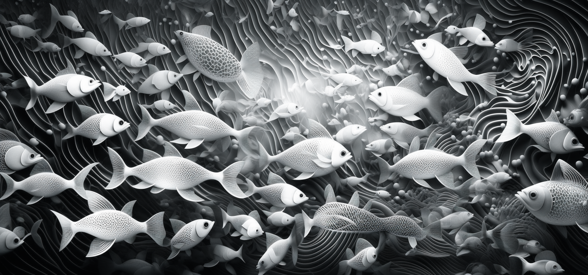 post background, dark theme, fractals, abstract, space, very light white and gray colors, fishes on the background