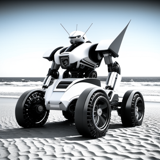 electric robot, car transformer, on the beach, 3d realistic, black and white colors