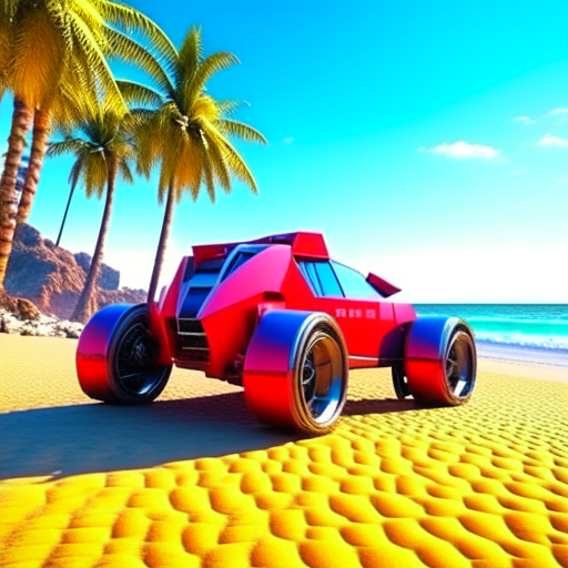 electric robot, car transformer, on the beach, 3d realistic, palms and road on the beach, red color of body of the robot