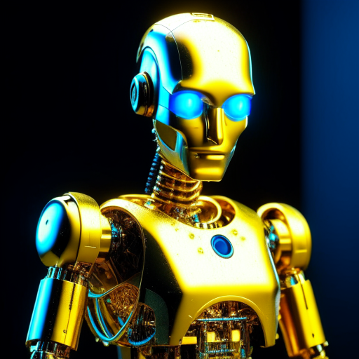 AI robot to analyze gold miners, gold body, blue eyes, 3d realistic, 