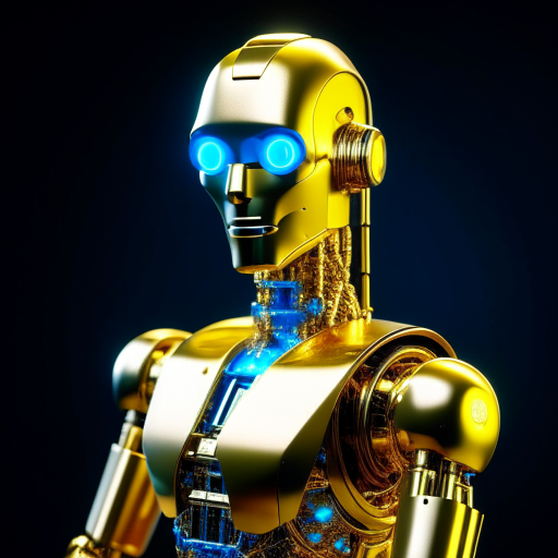 AI robot to analyze gold miners, gold body, blue eyes, 3d realistic, 