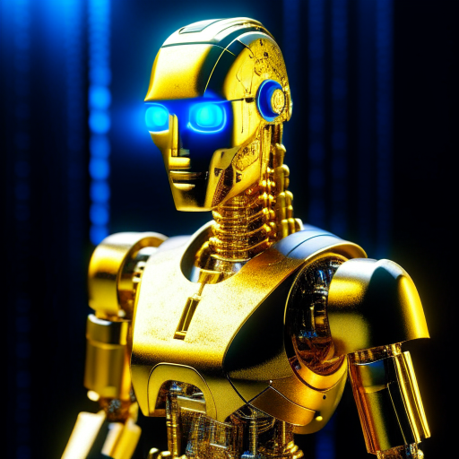 AI robot to analyze gold miners, gold body, blue eyes, 3d realistic, 