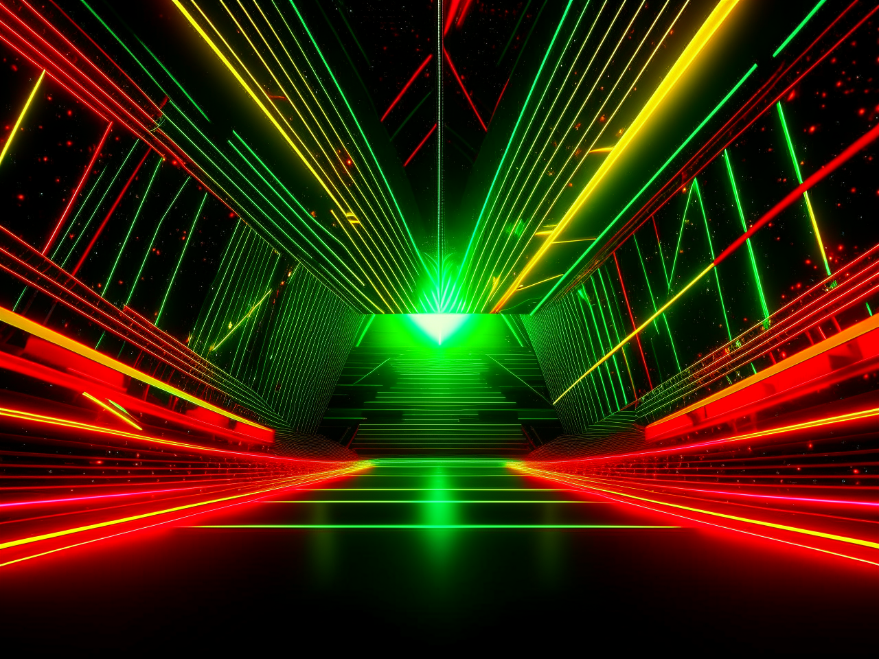 abstract background in dark theme, for video on youtube, engineering community, 3d realistic, fractals, red green and yellow neon lights, shapes