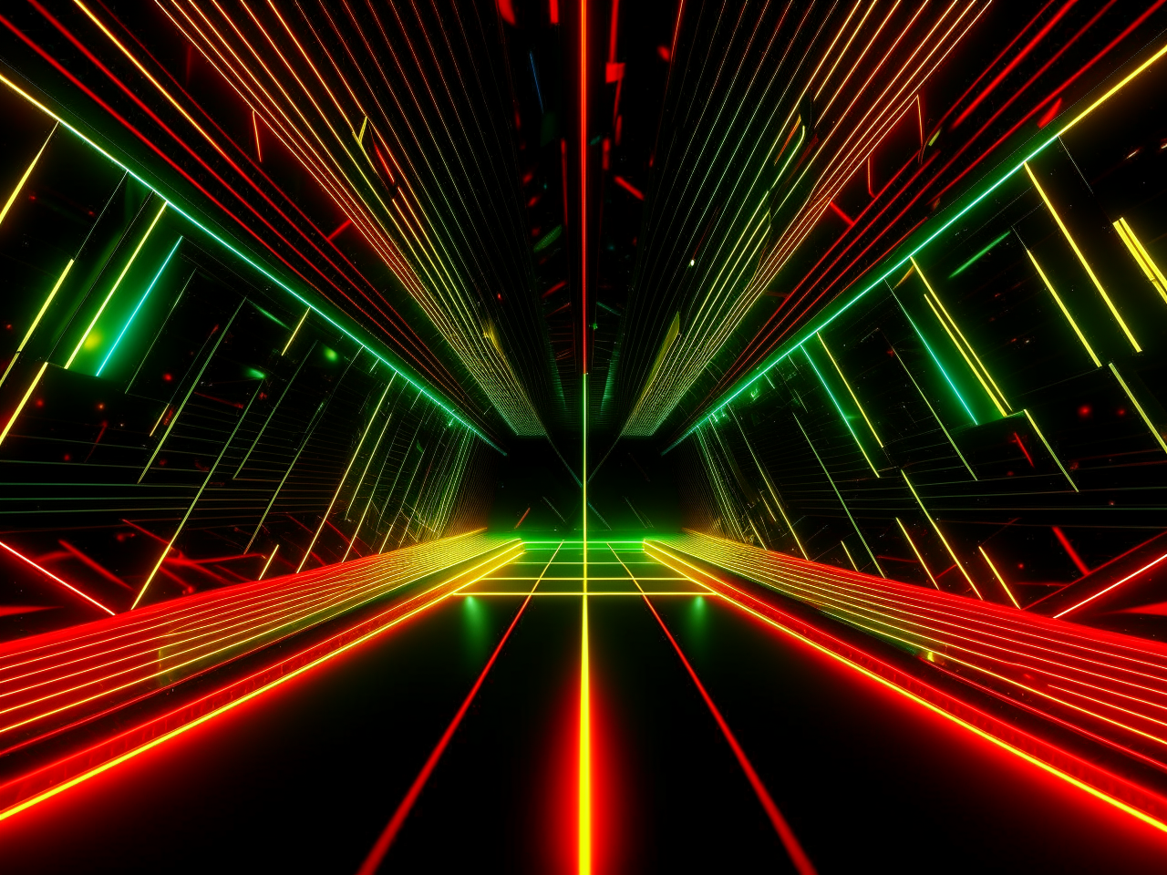 abstract background in dark theme, for video on youtube, engineering community, 3d realistic, fractals, red green and yellow neon lights, shapes