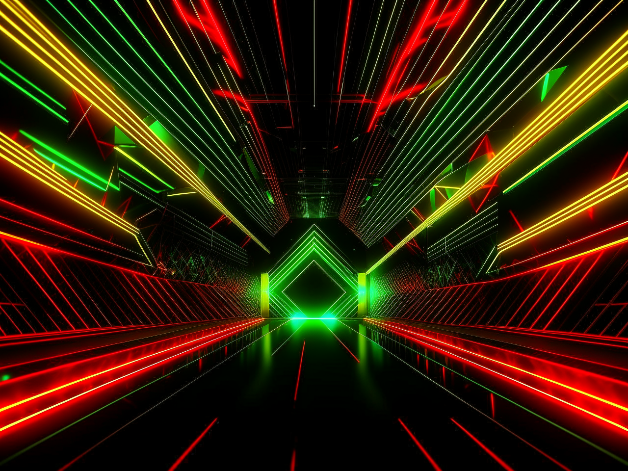 abstract background in dark theme, for video on youtube, engineering community, 3d realistic, fractals, red green and yellow neon lights, shapes