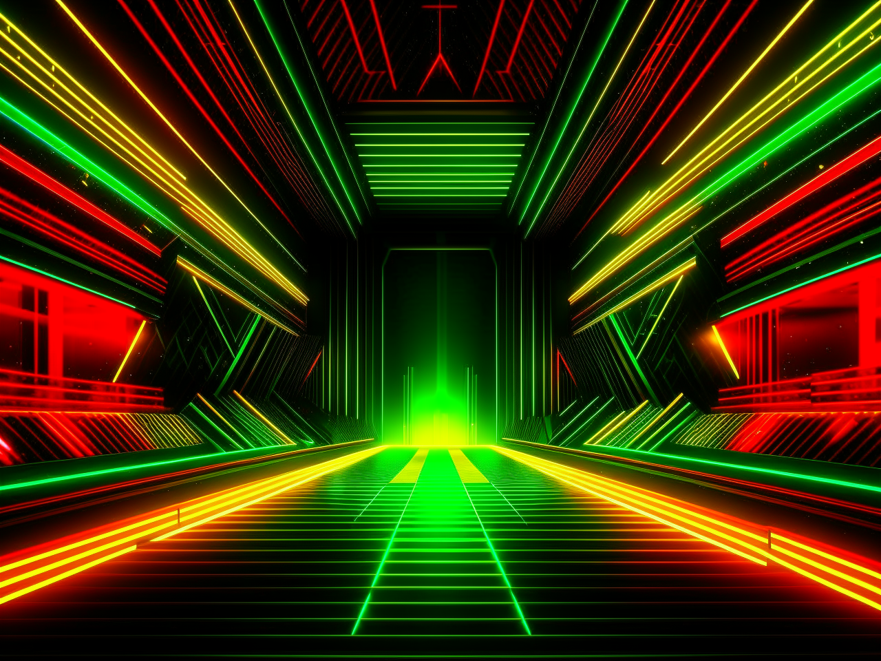 abstract background in dark theme, for video on youtube, engineering community, 3d realistic, fractals, red green and yellow neon lights, shapes