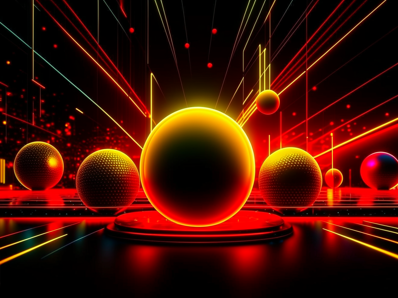 abstract background in dark theme, for video on youtube, engineering community, 3d realistic, spheres, shapes, lines, yellow and red neon elements