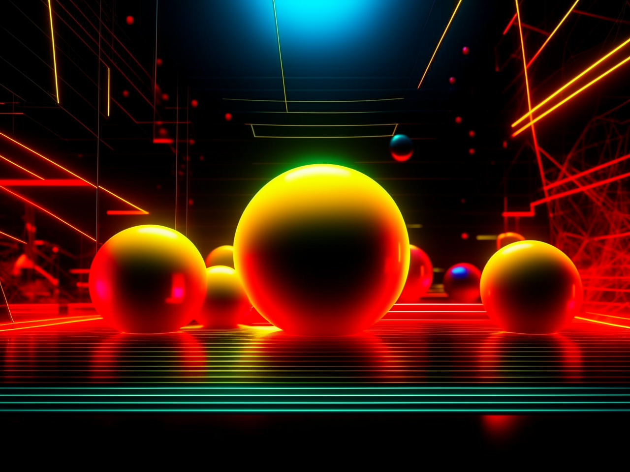 abstract background in dark theme, for video on youtube, engineering community, 3d realistic, spheres, shapes, lines, yellow and red neon elements