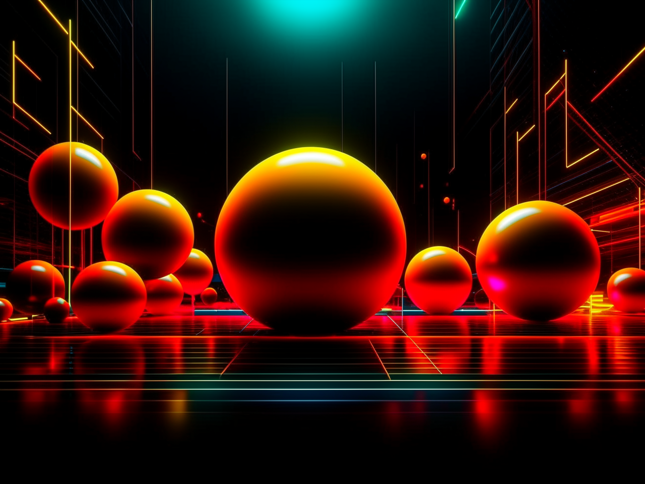 abstract background in dark theme, for video on youtube, engineering community, 3d realistic, spheres, shapes, lines, yellow and red neon elements