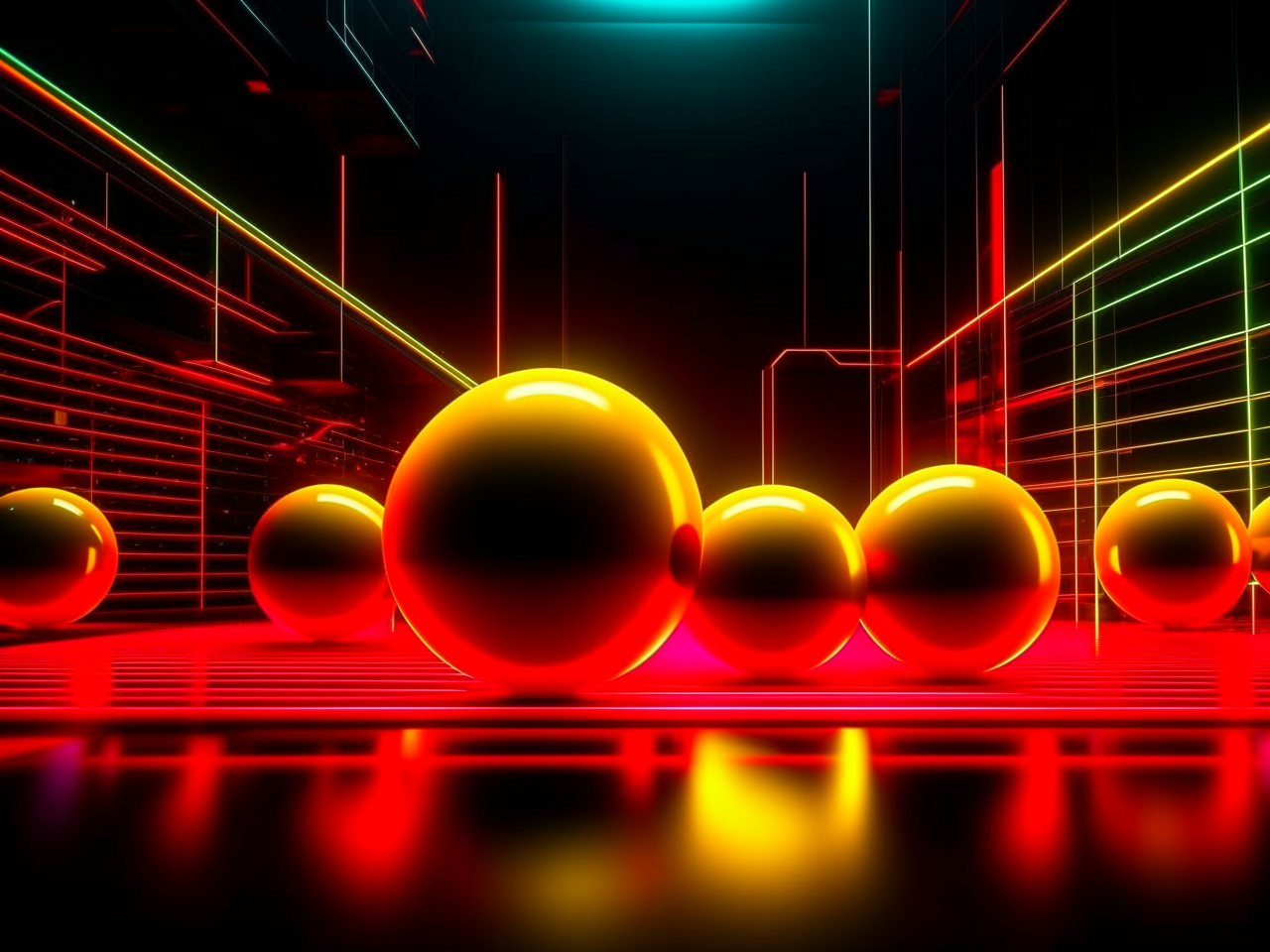 abstract background in dark theme, for video on youtube, engineering community, 3d realistic, spheres, shapes, lines, yellow and red neon elements