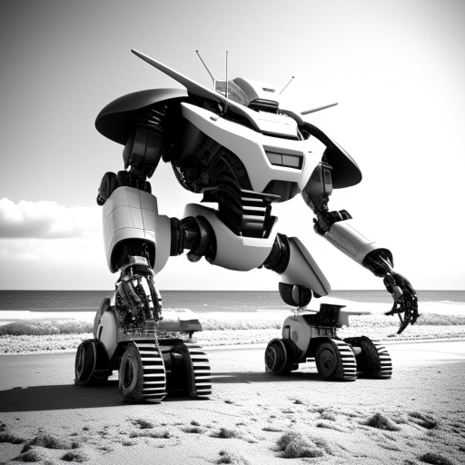 electric robot, car transformer, on the beach, 3d realistic, black and white colors, XIX century style