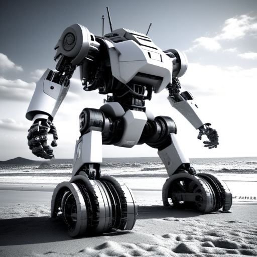 electric robot, car transformer, on the beach, 3d realistic, black and white colors, XIX century style