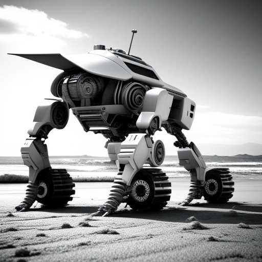 electric robot, car transformer, on the beach, 3d realistic, black and white colors, XIX century style