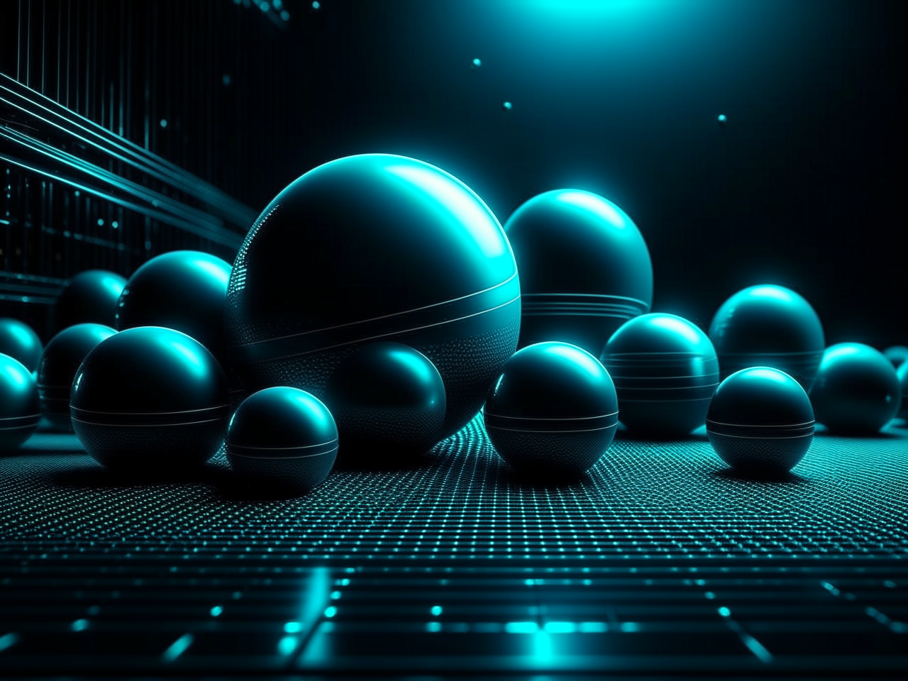 abstract background in dark theme, for video on youtube, engineering community, 3d realistic, spheres, shapes, lines