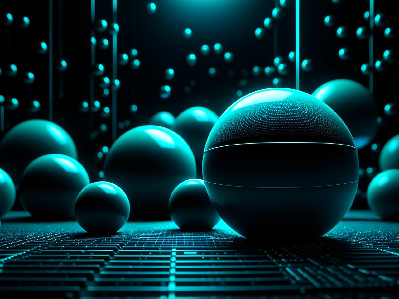 abstract background in dark theme, for video on youtube, engineering community, 3d realistic, spheres, shapes, lines