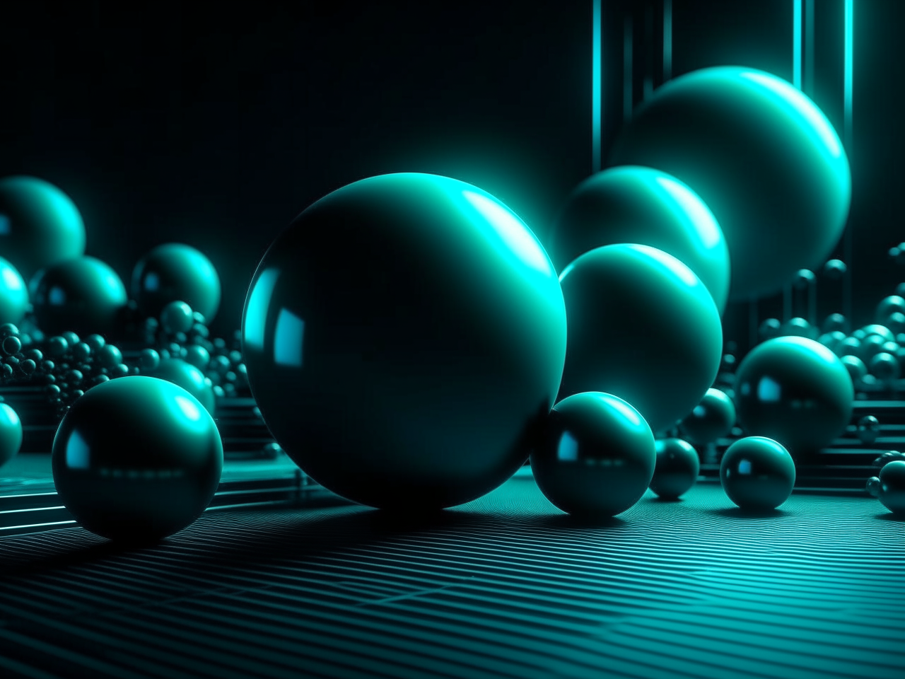 abstract background in dark theme, for video on youtube, engineering community, 3d realistic, spheres, shapes, lines