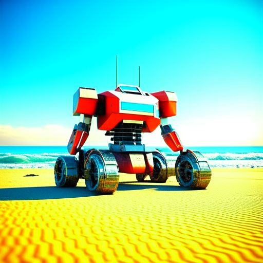 electric robot, car transformer, on the beach, 3d realistic, photorealistic, lomo