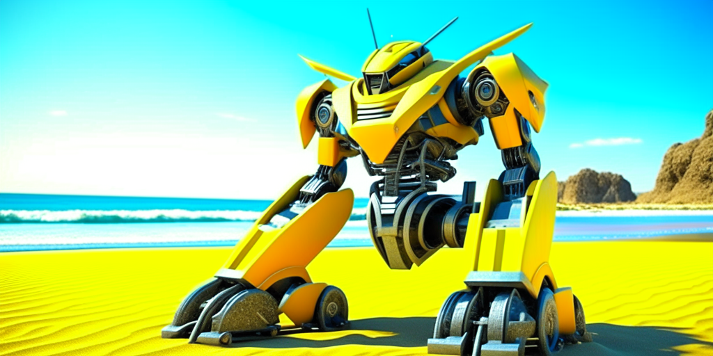 electric robot, car transformer, on the beach, 3d realistic, 