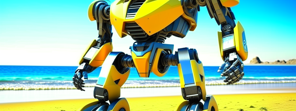 electric robot, car transformer, on the beach, 3d realistic, 