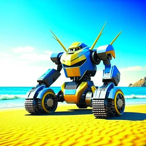 electric robot, car transformer, on the beach, 3d realistic, 