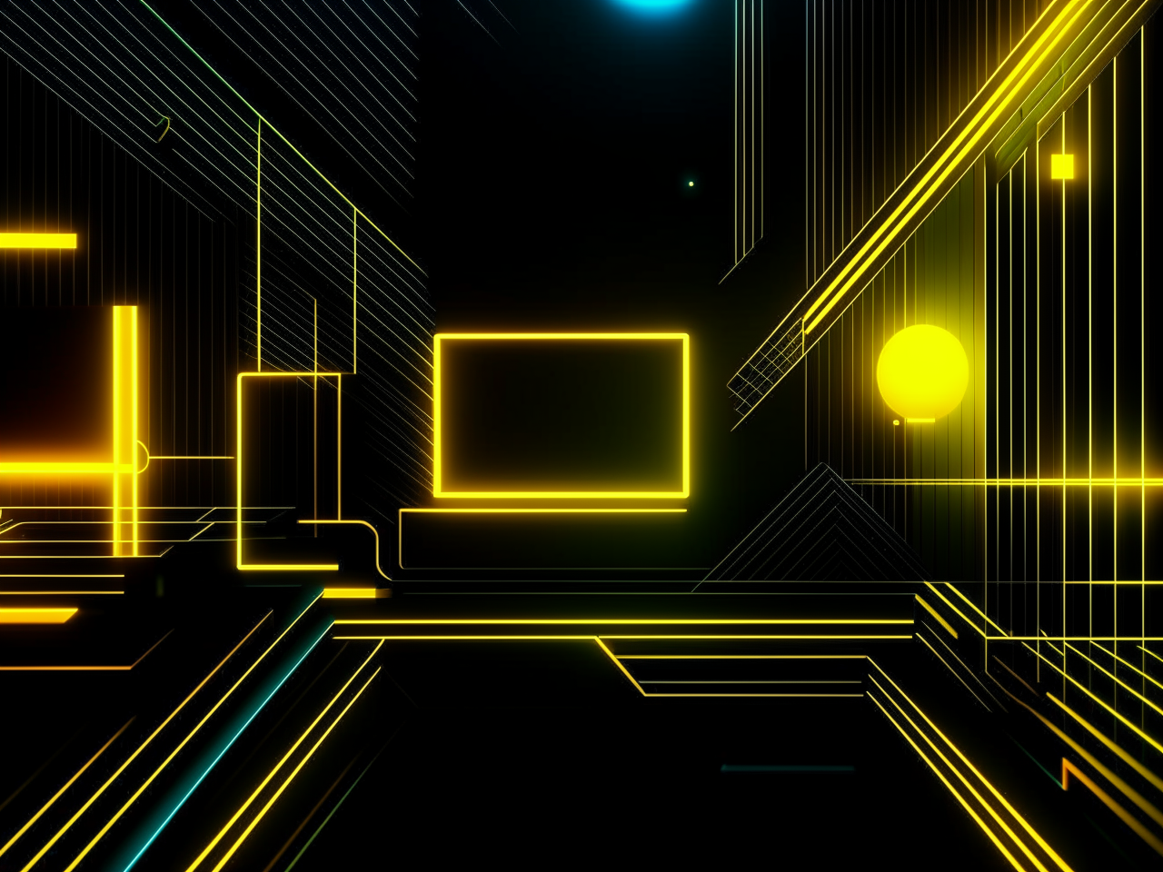 abstract background in dark theme, for video on youtube, engineering community, 3d realistic, shapes, yellow neon elements