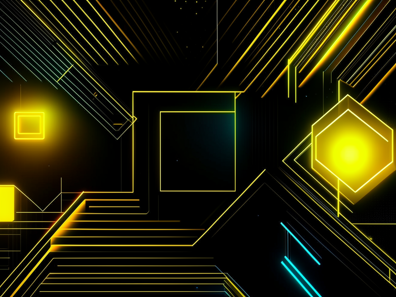 abstract background in dark theme, for video on youtube, engineering community, 3d realistic, shapes, yellow neon elements