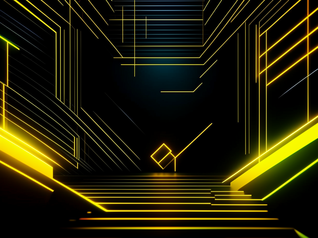 abstract background in dark theme, for video on youtube, engineering community, 3d realistic, shapes, lines, yellow neon elements