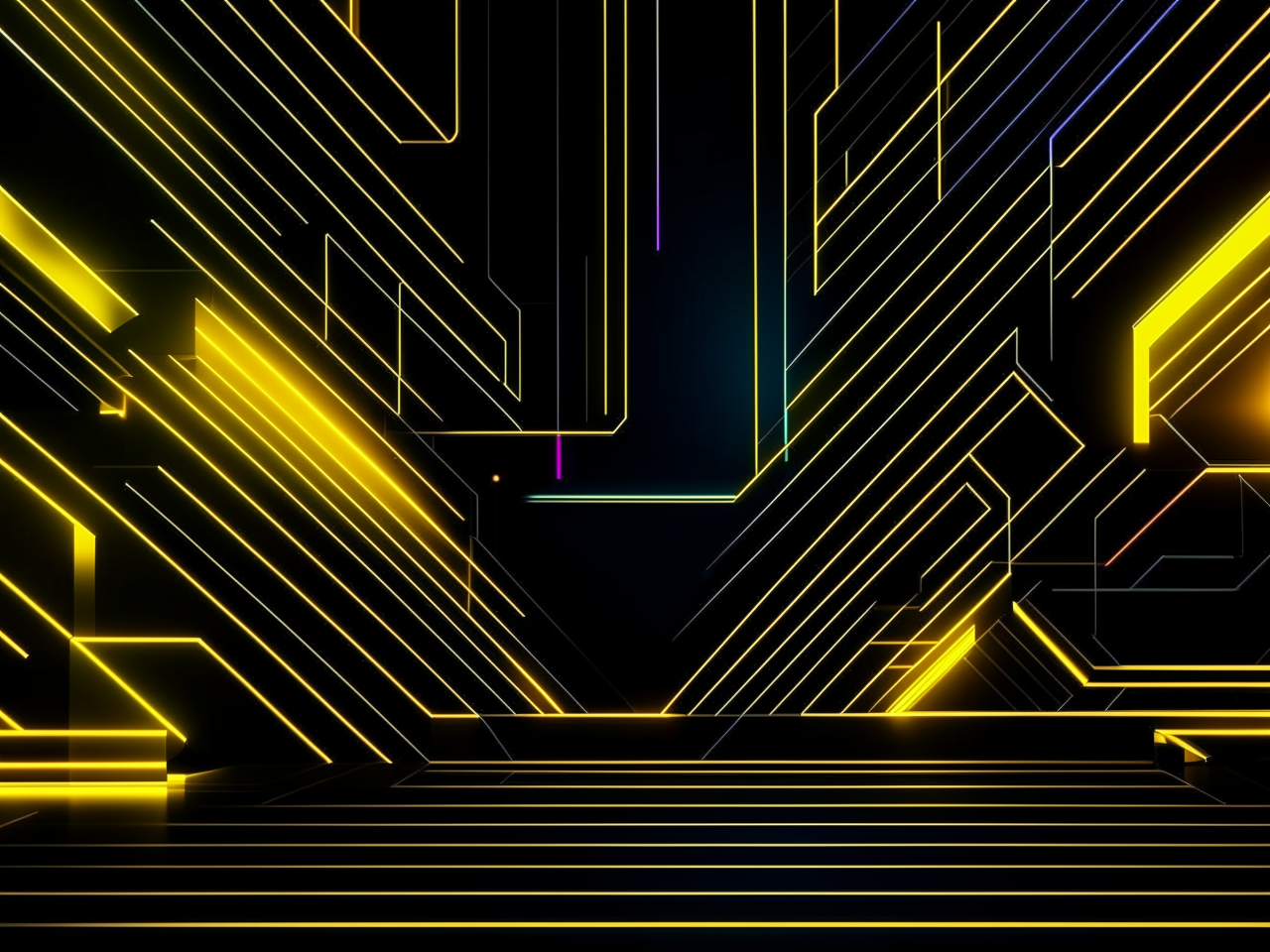 abstract background in dark theme, for video on youtube, engineering community, 3d realistic, shapes, lines, yellow neon elements