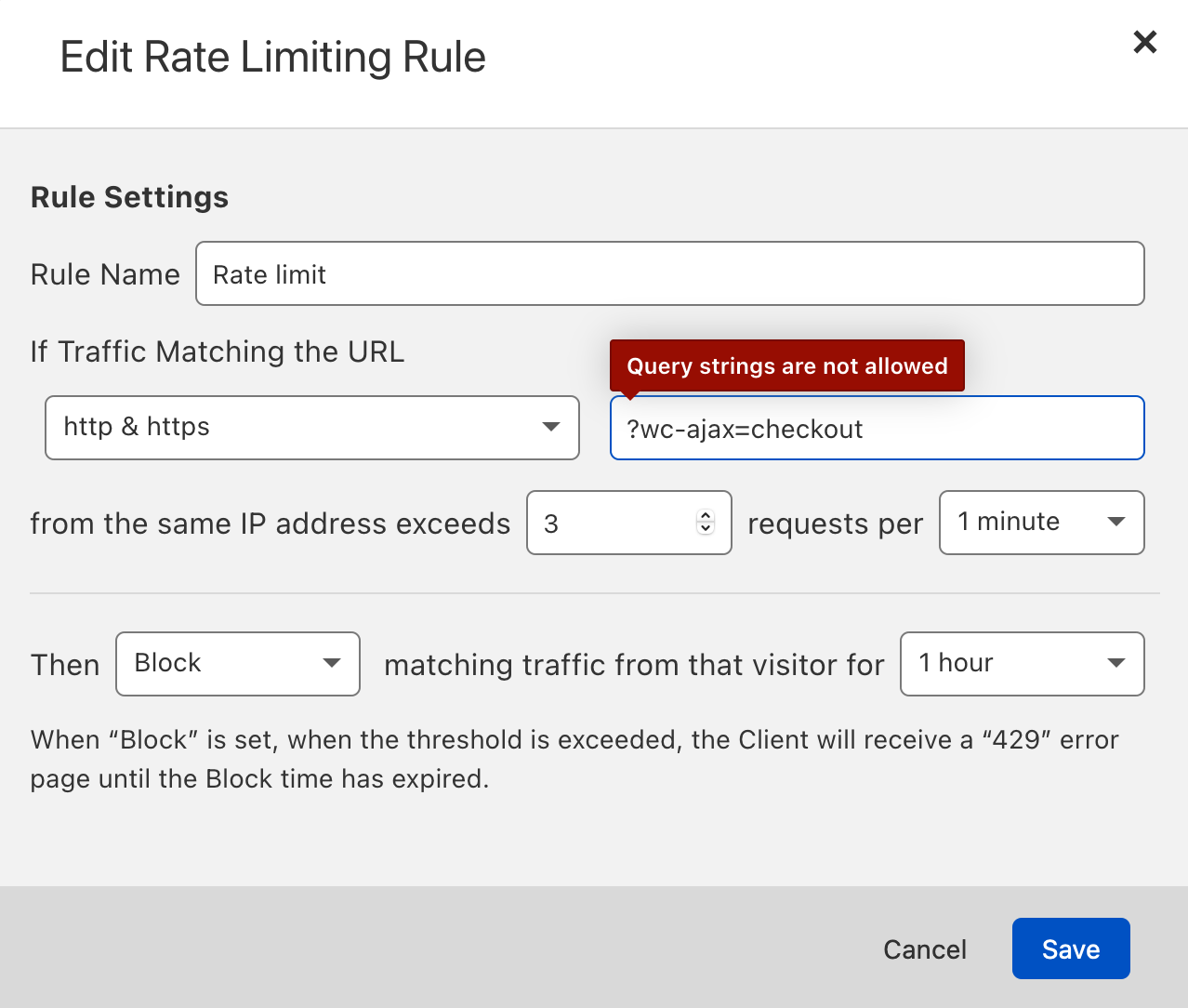 Cloudflare Query strings are not allowed message Cloudflare Rate Limiting Rule