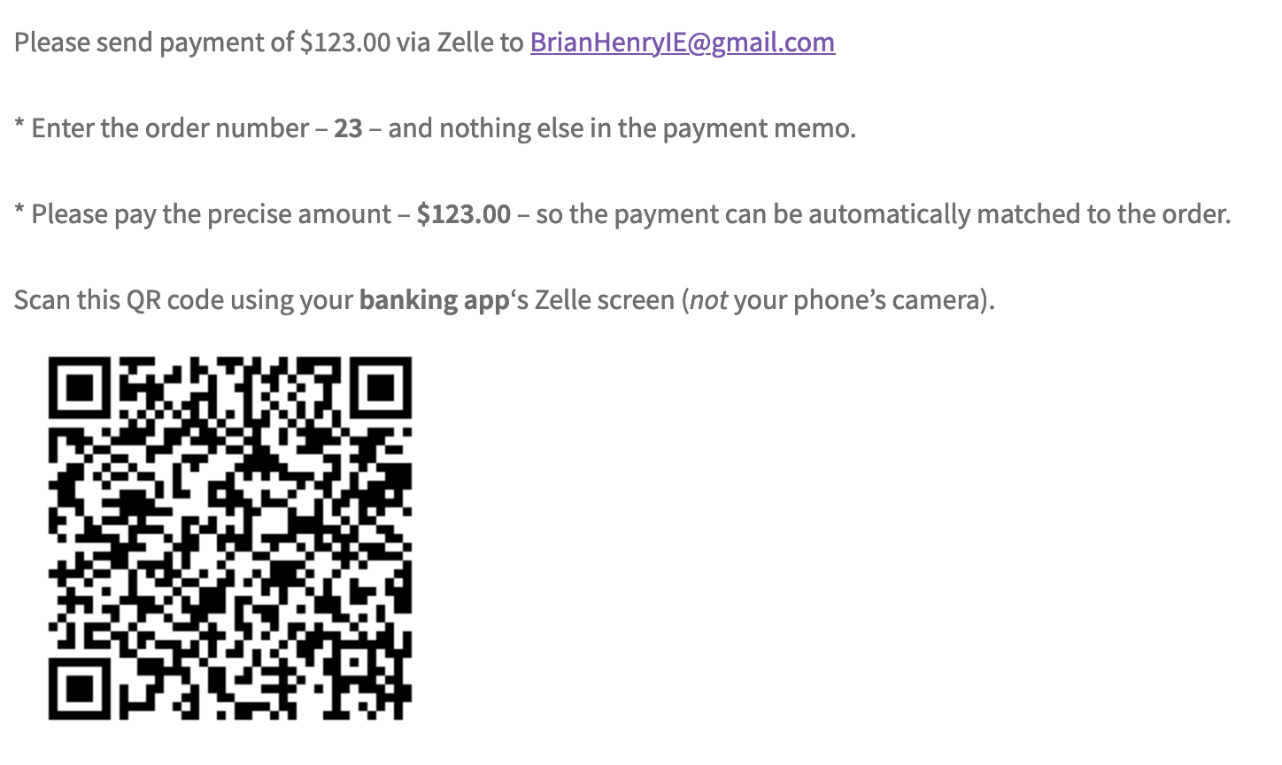 Thank You page with payment instructions