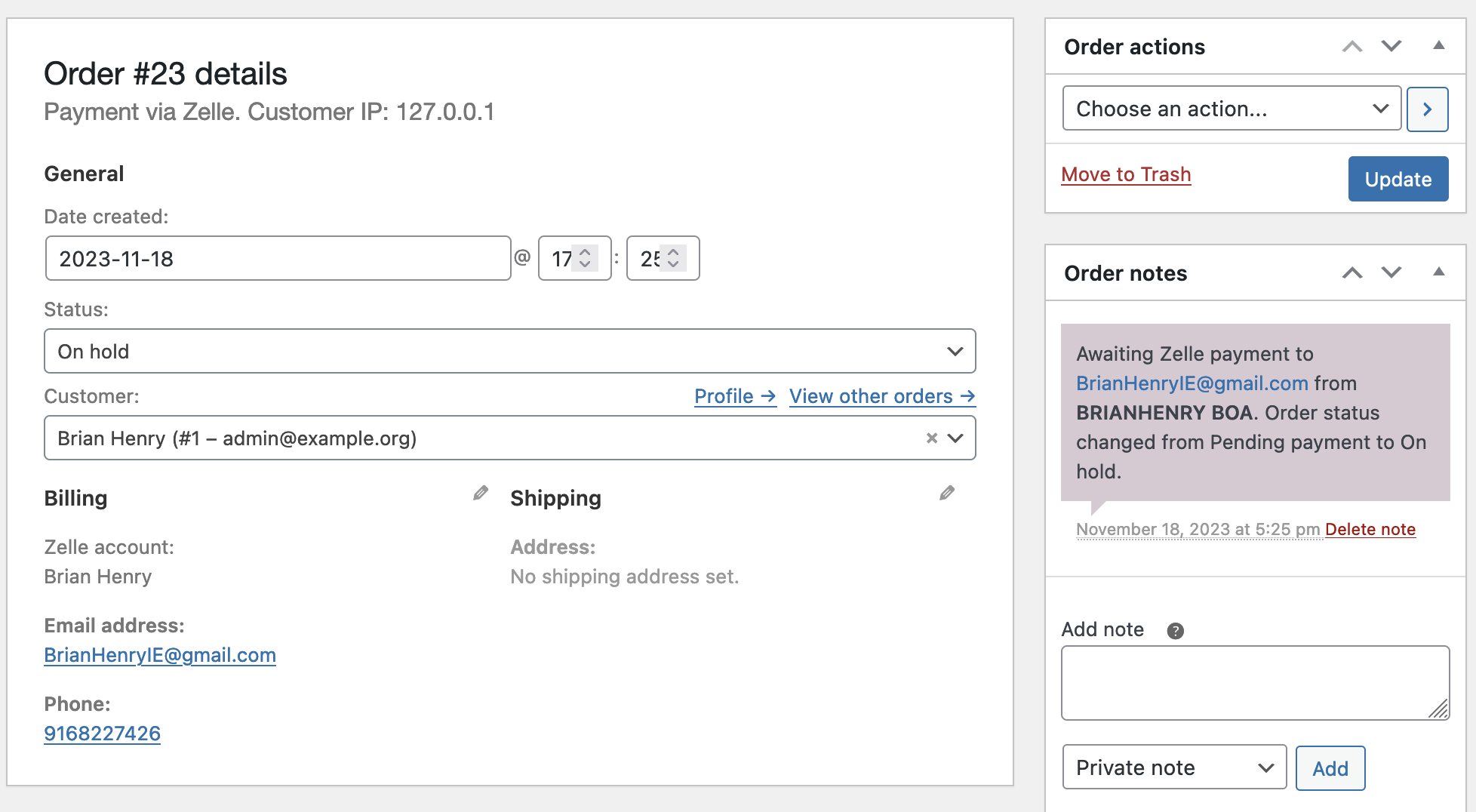 Admin order UI with order awaiting payment