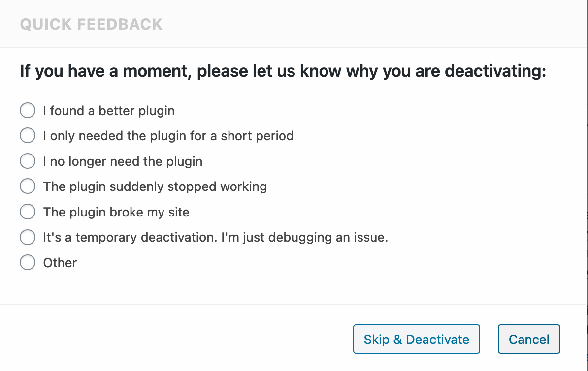 BH WP Plugins Page deactivation dialog Deactivate