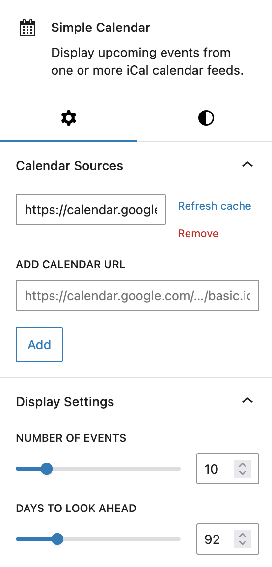 Field and buttons to add and remove a ics url, refresh cache button, slider for number of events to display, and slider for number of days to look ahead
