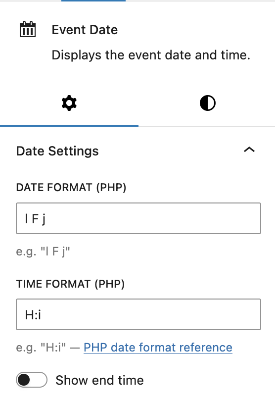 Two text fields and a toggle, a link to PHP date format spec
