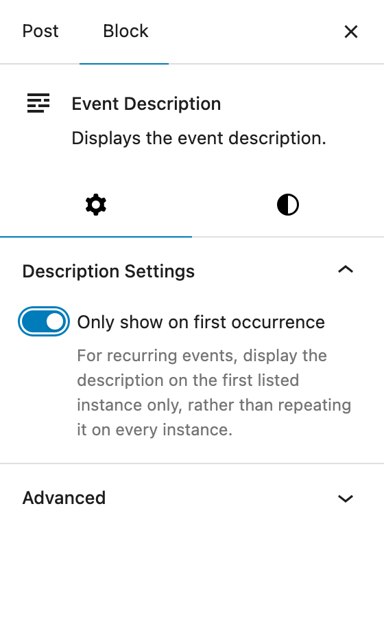 Toggle to only show the description on the first occurrence of a recurring event