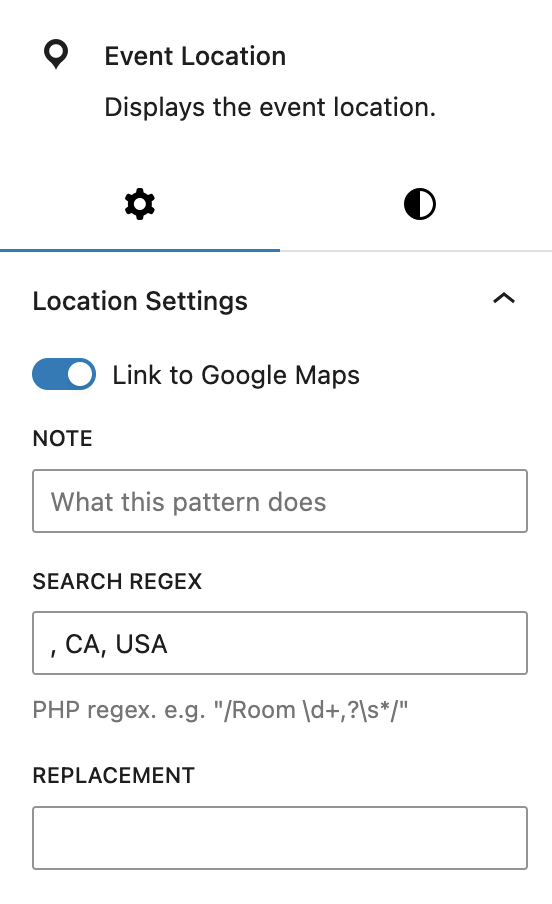 Toggle to enable Google Maps link, a three-part config for regex replace, first field in a private note because regexes can be hard to understand their purpose, the regex pattern, and the replacement pattern