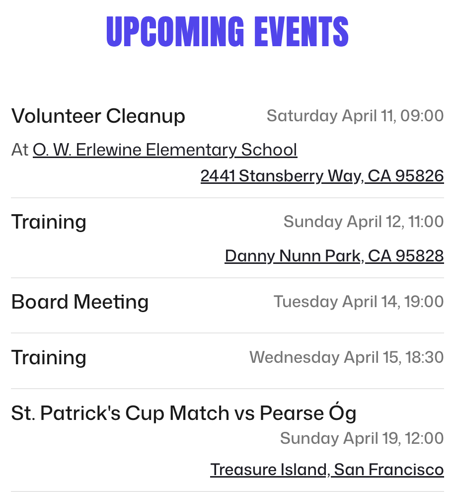 Vertical list of events with dates, descriptions, locations
