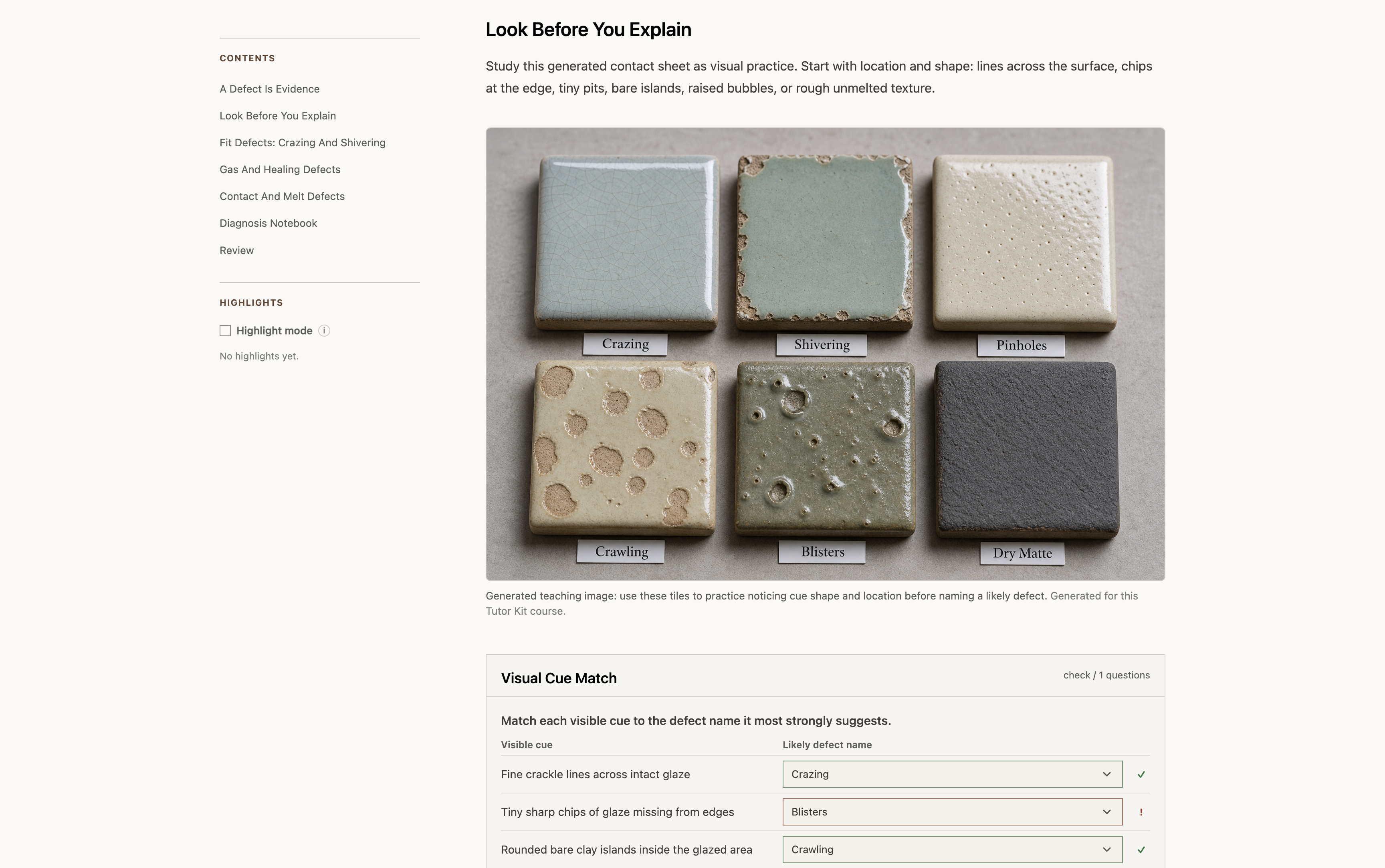 A visual ceramic glaze lesson with examples of common defects and an interactive matching exercise