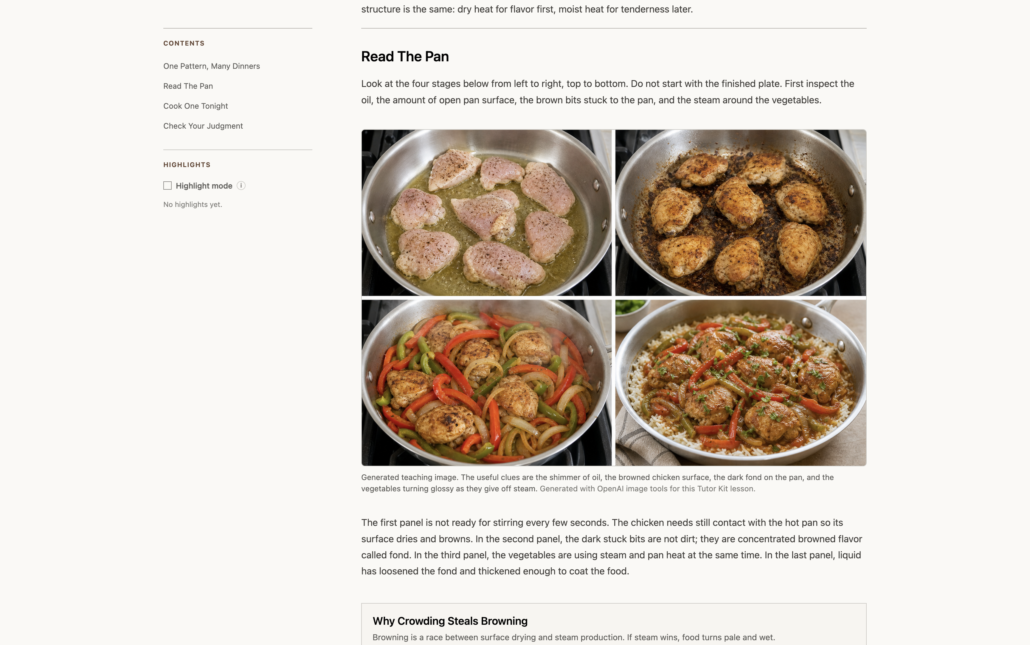 A cooking lesson showing four stages of browning chicken, cooking vegetables, and building a skillet meal