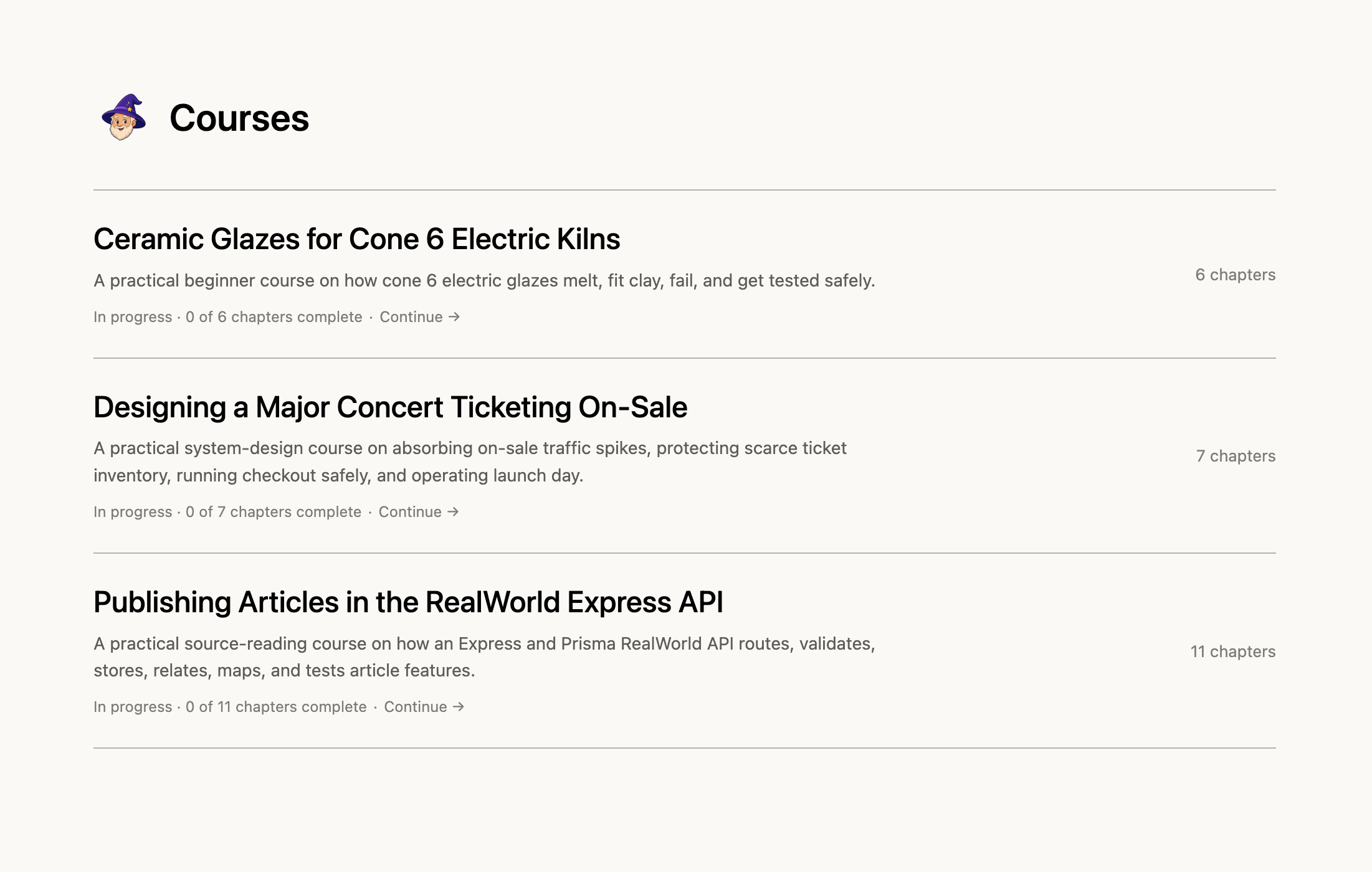 Personal Tutor course library showing courses on ceramic glazes, concert ticketing, and an Express codebase