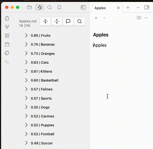 Smart View demo showing that the most relevant notes are shown at the top based on the current note.