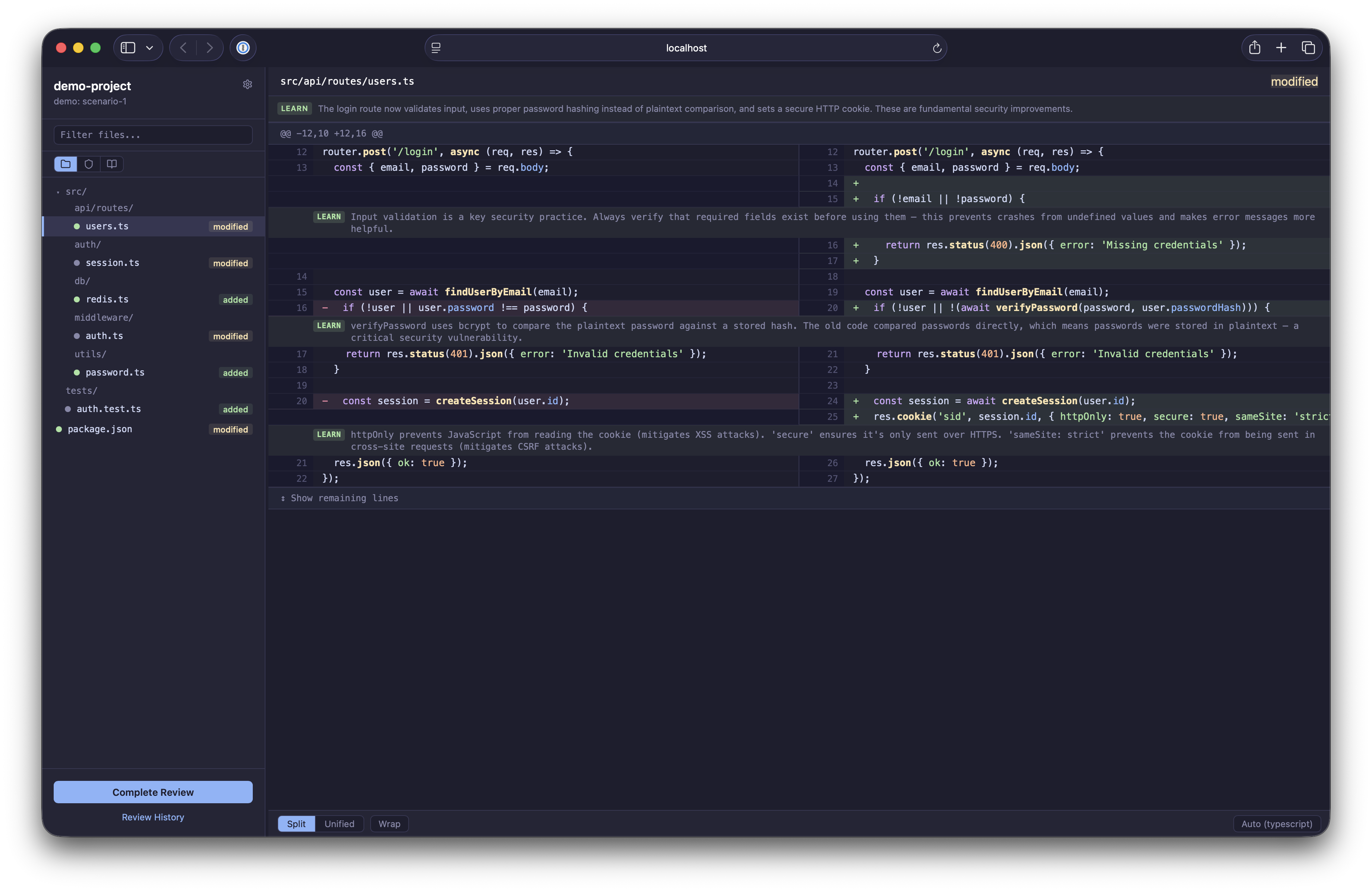 Glassbox reviewing a diff with guided review notes