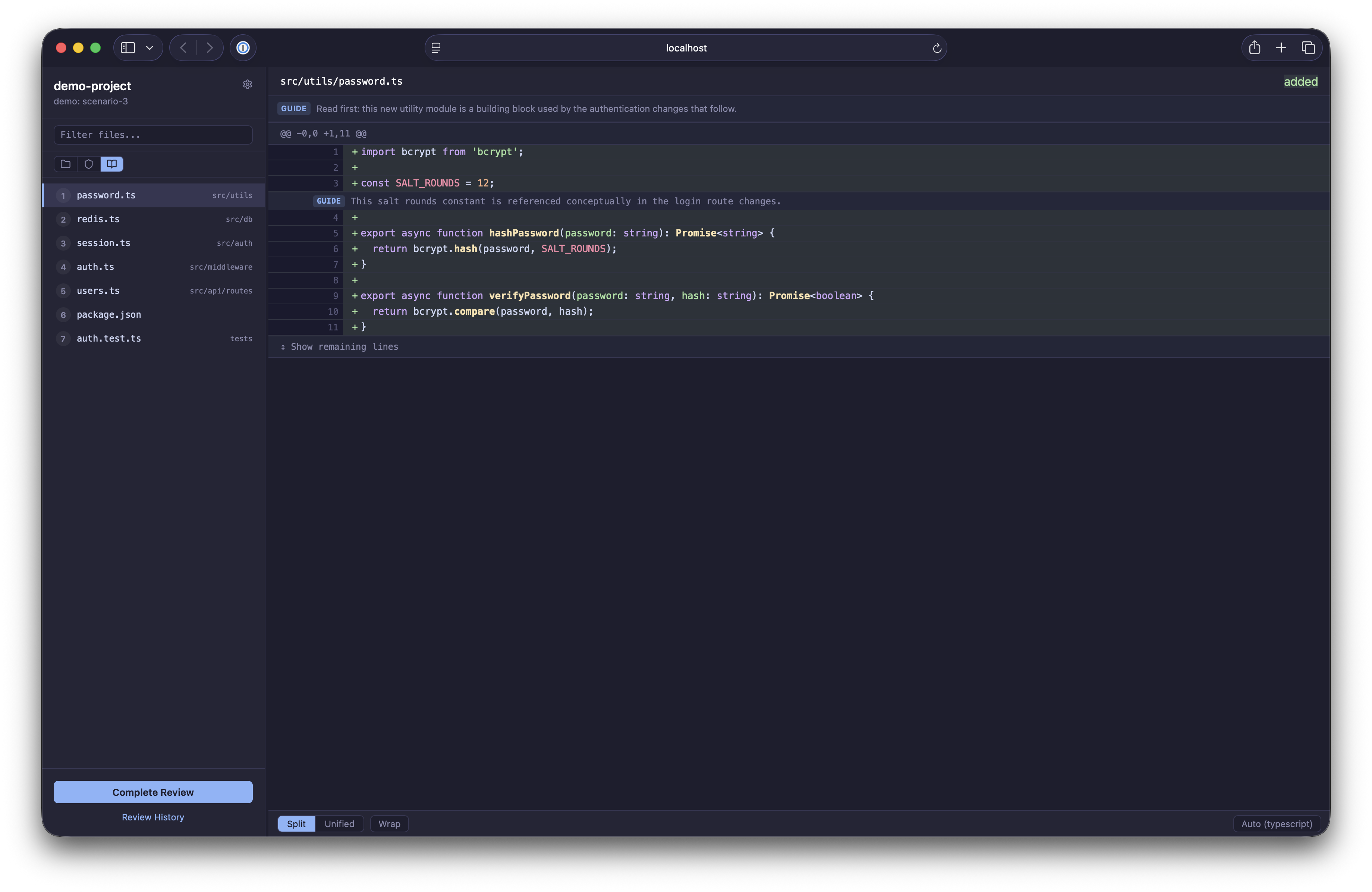 Narrative mode with reading order and walkthrough notes