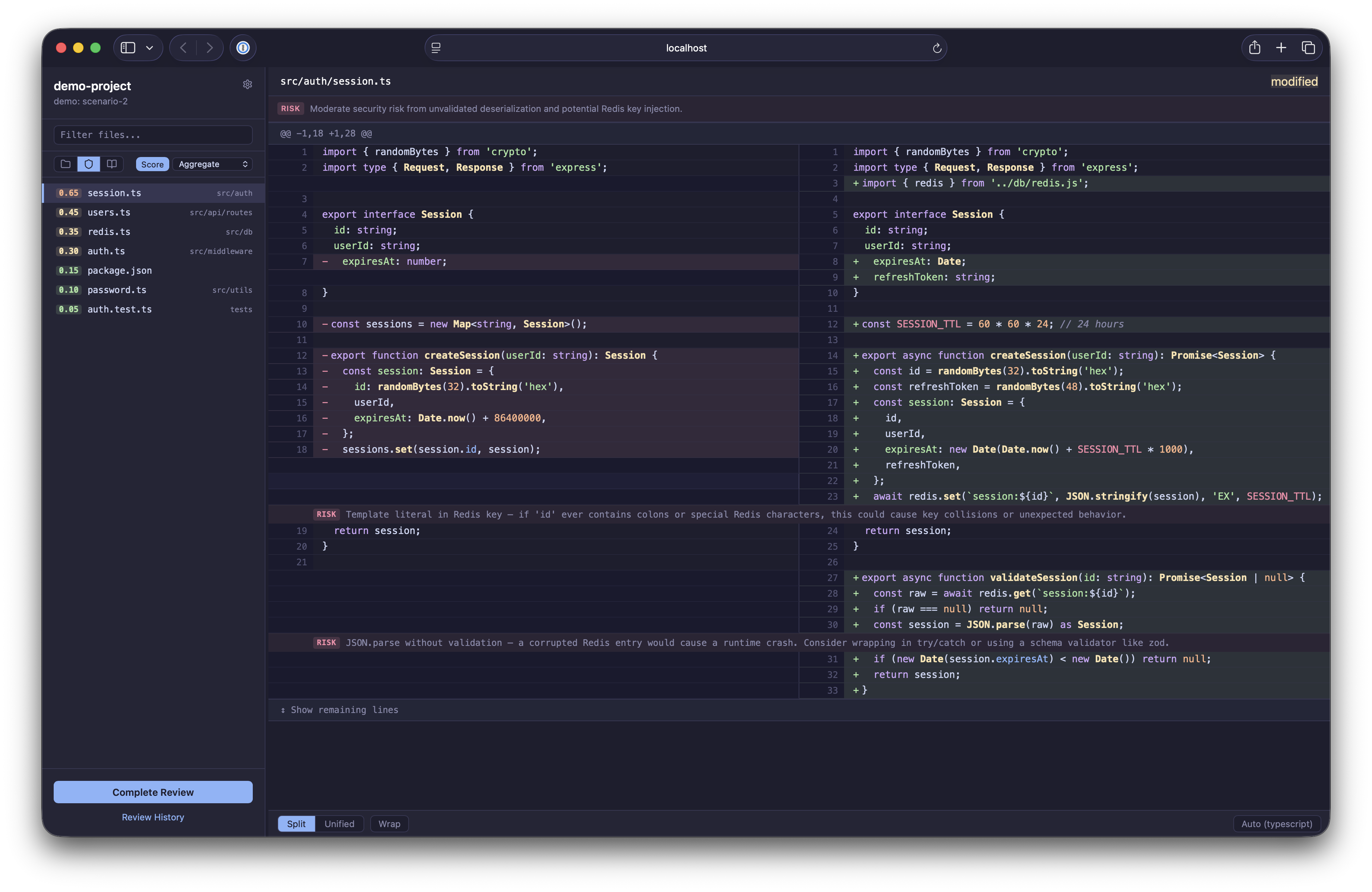 Risk mode with scores and inline risk notes