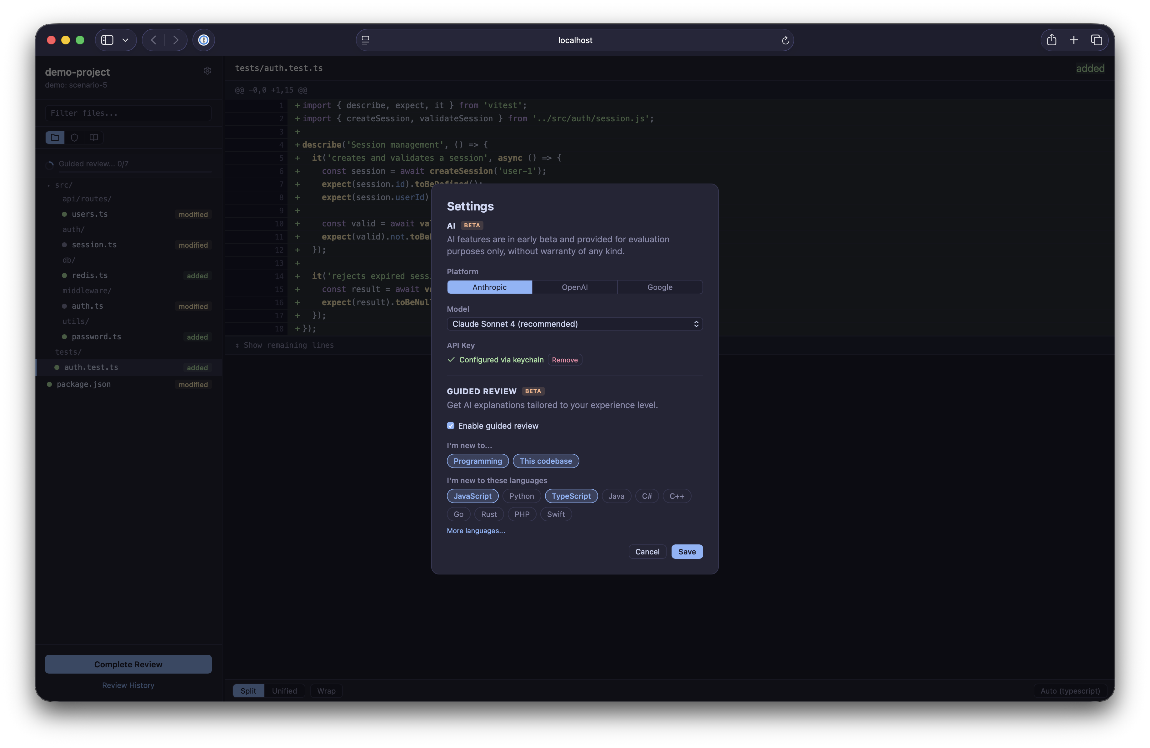 Settings dialog with guided review configuration