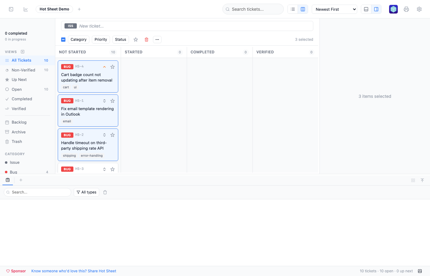 Multiple tickets selected with the batch toolbar and context menu
